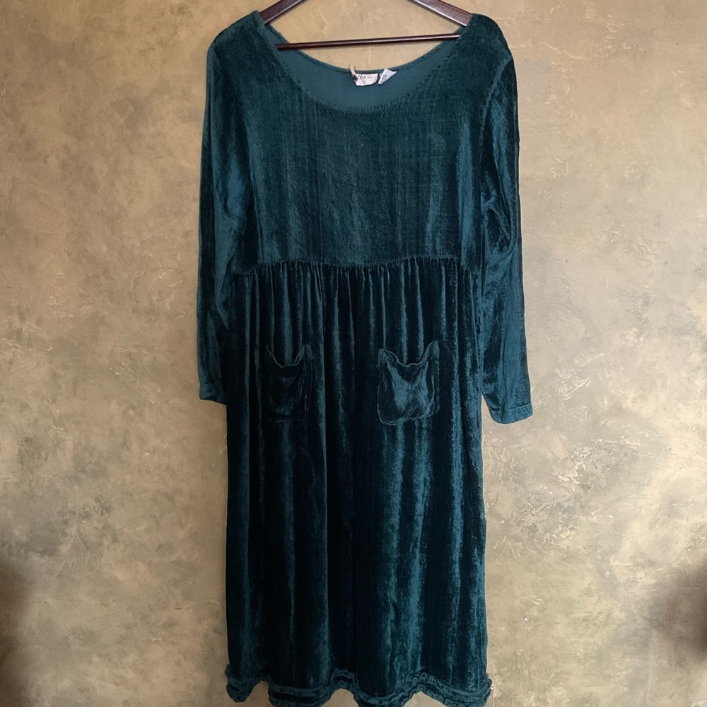 Vintage 90s Le Chateau Crushed Velvet Babydoll Maxi Dress Teal Dark Green Boho M